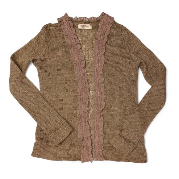 Romy Brown Pointelle Knit Open Cardigan with Ruffle Accent Size M - Picture 1 of 8